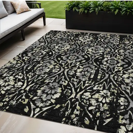 Black Gray And Ivory Floral Washable Indoor Outdoor Area Rug Photo 1