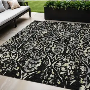 Photo of Black Gray And Ivory Floral Washable Indoor Outdoor Area Rug