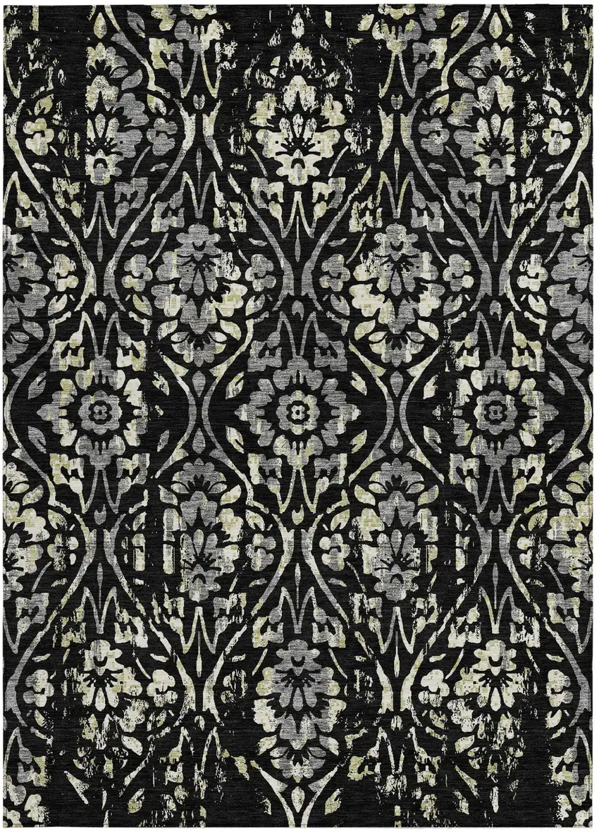 Black Gray And Ivory Floral Washable Indoor Outdoor Area Rug Photo 7
