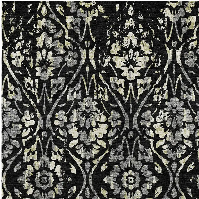 Black Gray And Ivory Floral Washable Indoor Outdoor Area Rug Photo 6