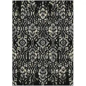 Photo of Black Gray And Ivory Floral Washable Indoor Outdoor Area Rug