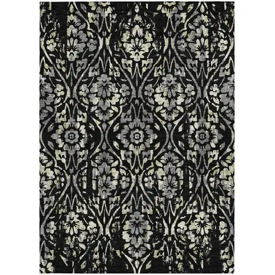 Black Gray And Ivory Floral Washable Indoor Outdoor Area Rug Photo 7