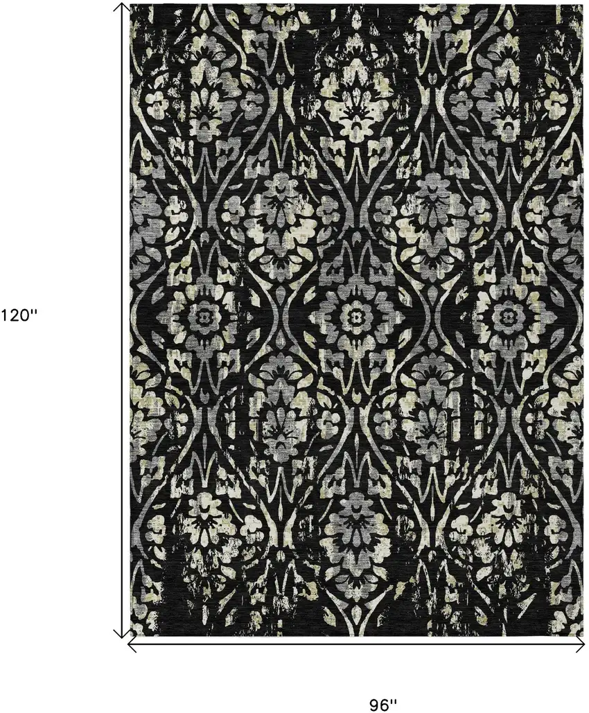 Black Gray And Ivory Floral Washable Indoor Outdoor Area Rug Photo 3