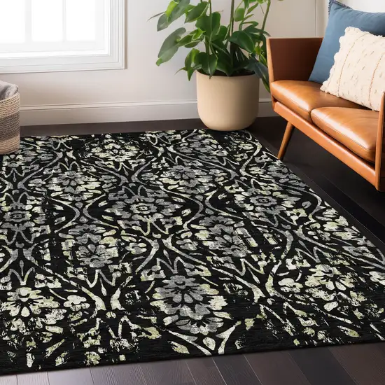Black Gray And Ivory Floral Washable Indoor Outdoor Area Rug Photo 9