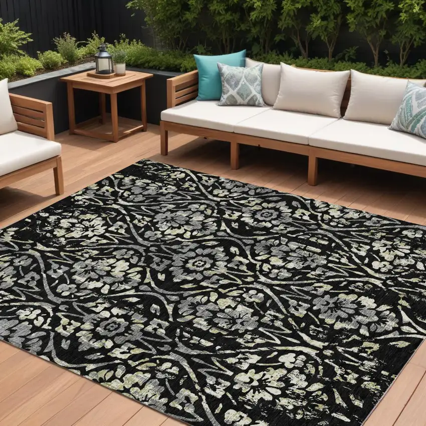Black Gray And Ivory Floral Washable Indoor Outdoor Area Rug Photo 1
