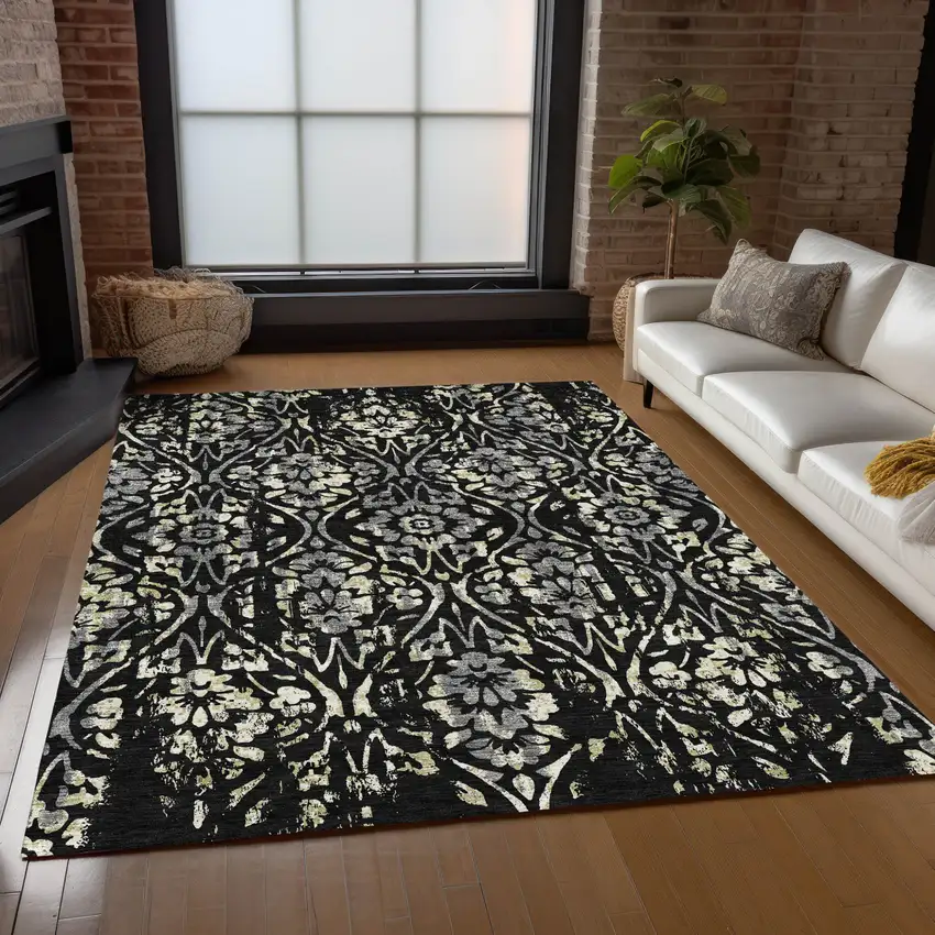 Black Gray And Ivory Floral Washable Indoor Outdoor Area Rug Photo 9