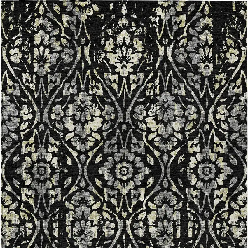 Black Gray And Ivory Floral Washable Indoor Outdoor Area Rug Photo 7