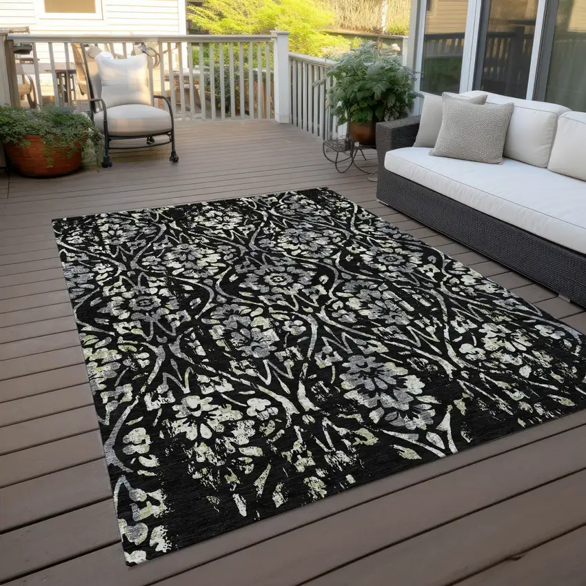 Black Gray And Ivory Floral Washable Indoor Outdoor Area Rug Photo 8