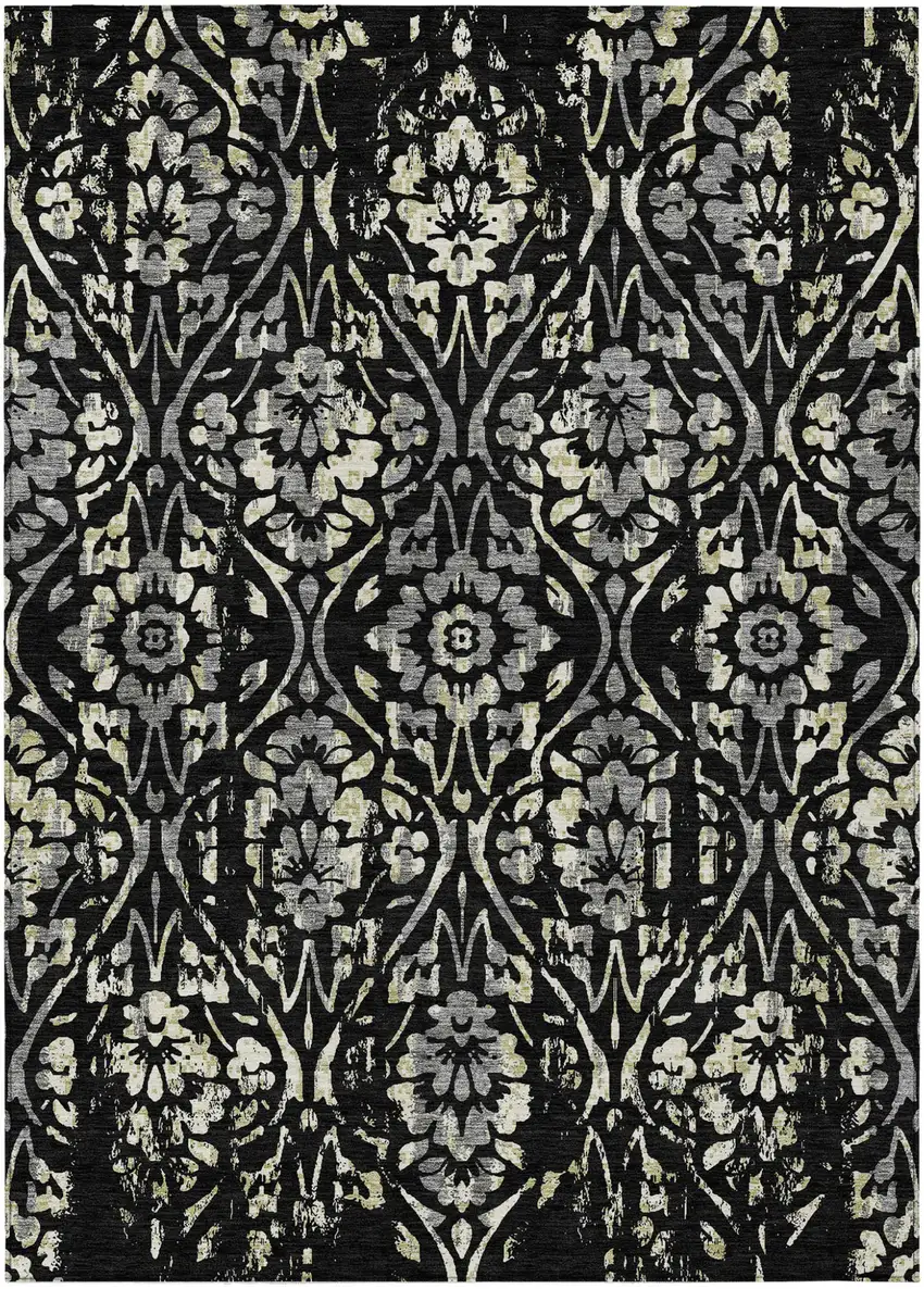 Black Gray And Ivory Floral Washable Indoor Outdoor Area Rug Photo 2