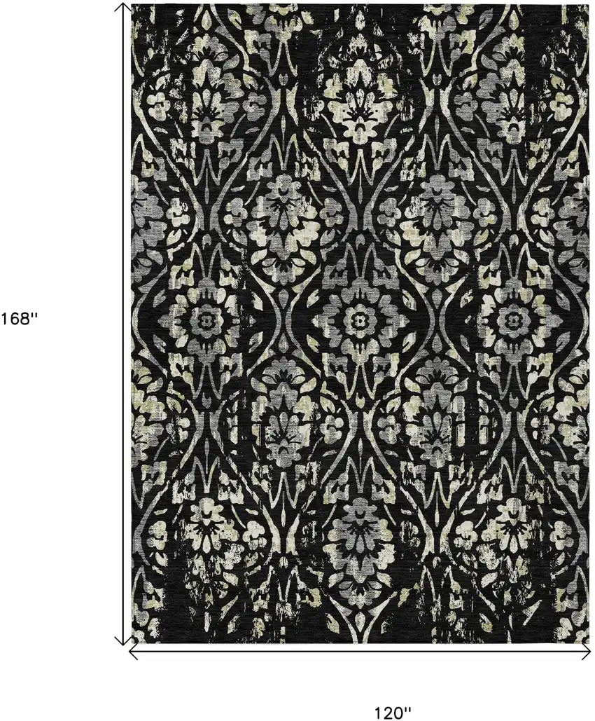 Black Gray And Ivory Floral Washable Indoor Outdoor Area Rug Photo 3