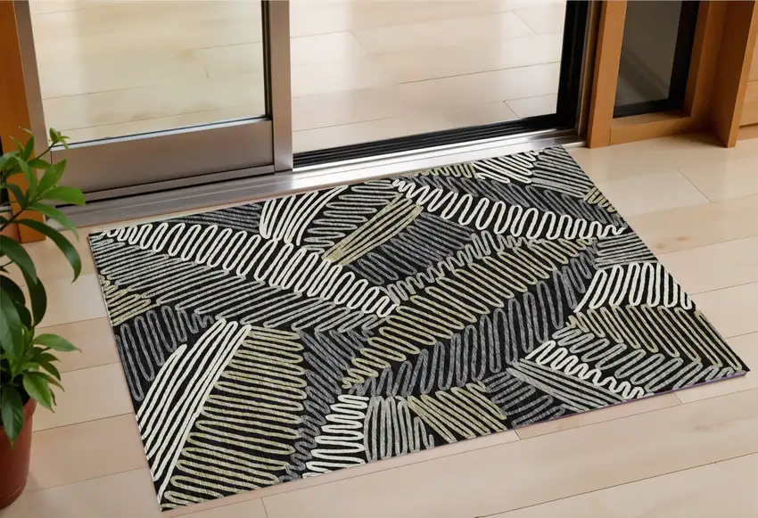 Black Gray And Ivory Floral Washable Indoor Outdoor Area Rug Photo 1