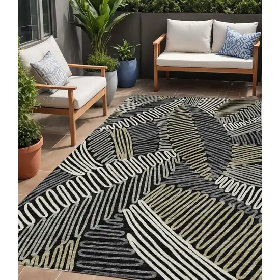 Black Gray And Ivory Floral Washable Indoor Outdoor Area Rug Photo 1