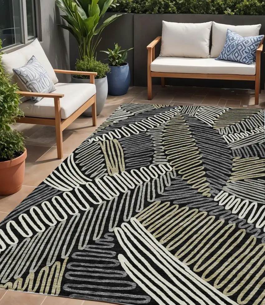 Black Gray And Ivory Floral Washable Indoor Outdoor Area Rug Photo 1