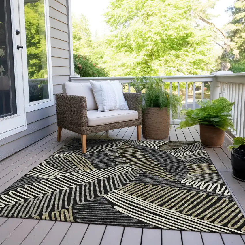 Black Gray And Ivory Floral Washable Indoor Outdoor Area Rug Photo 9