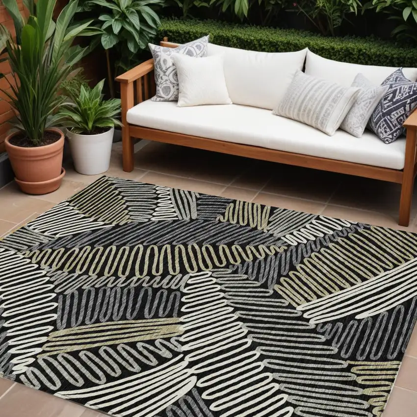 Black Gray And Ivory Floral Washable Indoor Outdoor Area Rug Photo 1