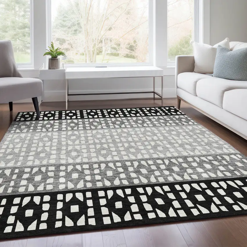 Black Gray And Ivory Geometric Washable Area Rug With UV Protection Photo 5