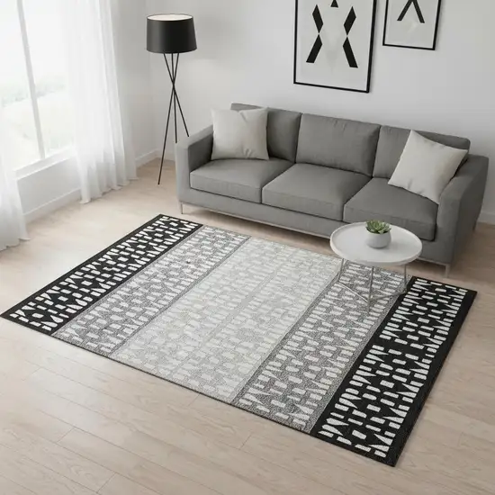 Black Gray And Ivory Geometric Washable Area Rug With UV Protection Photo 2