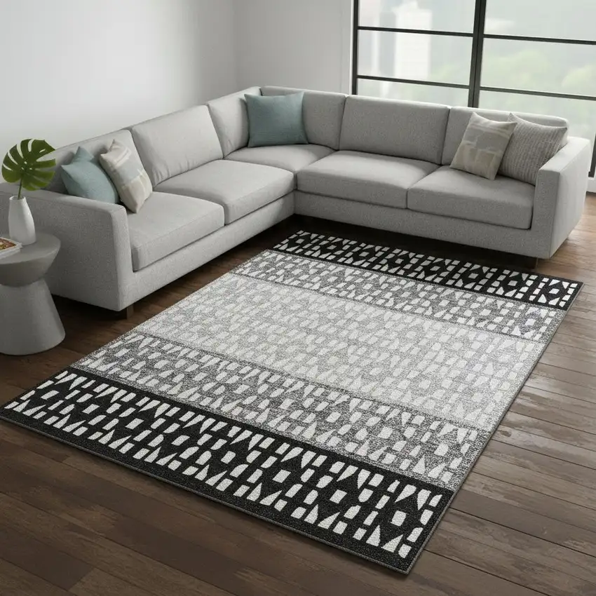 Black Gray And Ivory Geometric Washable Area Rug With UV Protection Photo 2