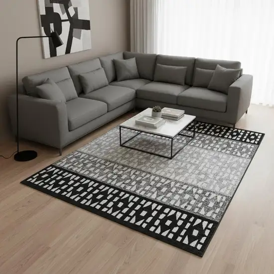 Black Gray And Ivory Geometric Washable Area Rug With UV Protection Photo 2