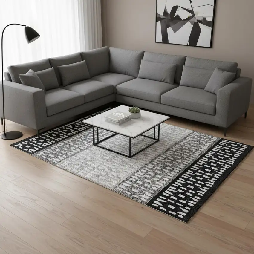 Black Gray And Ivory Geometric Washable Area Rug With UV Protection Photo 2