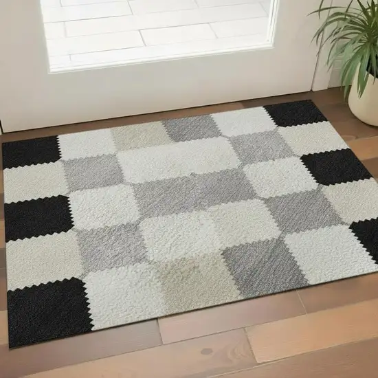 Black Gray And Ivory Geometric Washable Area Rug With UV Protection Photo 2