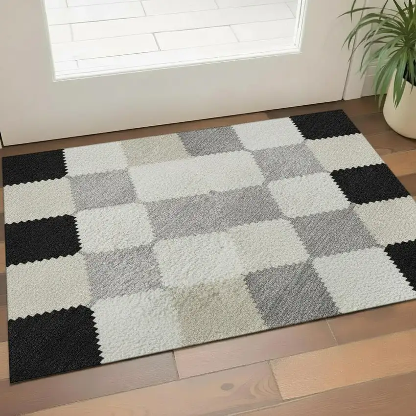 Black Gray And Ivory Geometric Washable Area Rug With UV Protection Photo 2