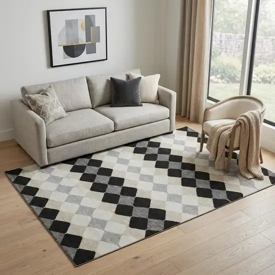 Black Gray And Ivory Geometric Washable Area Rug With UV Protection Photo 1