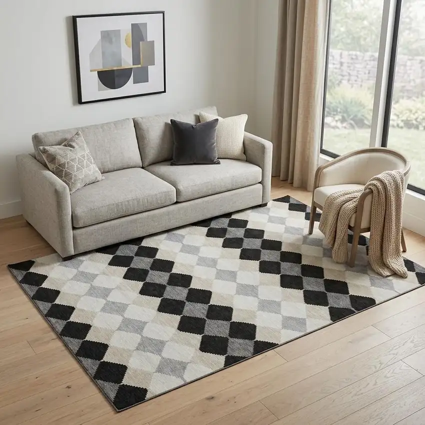 Black Gray And Ivory Geometric Washable Area Rug With UV Protection Photo 1