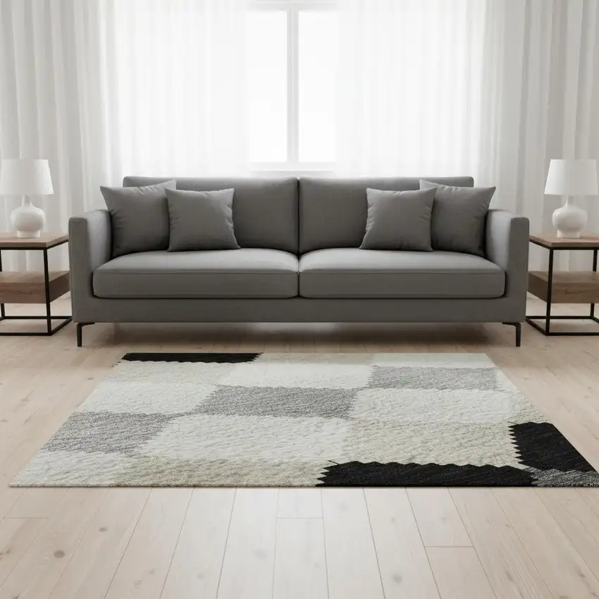 Black Gray And Ivory Geometric Washable Area Rug With UV Protection Photo 2