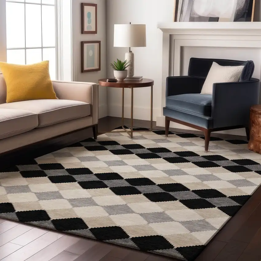 Black Gray And Ivory Geometric Washable Area Rug With UV Protection Photo 3