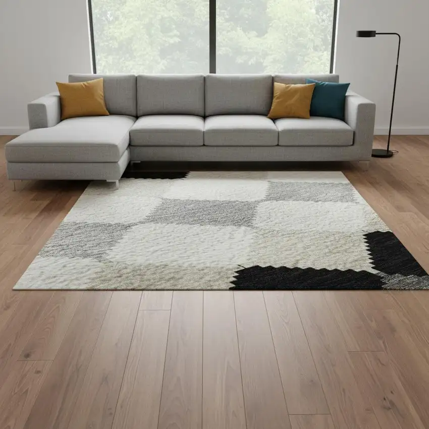 Black Gray And Ivory Geometric Washable Area Rug With UV Protection Photo 2