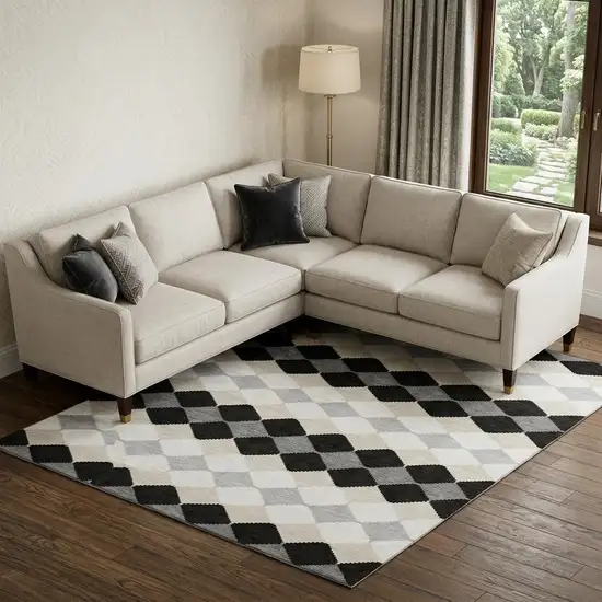 Black Gray And Ivory Geometric Washable Area Rug With UV Protection Photo 1