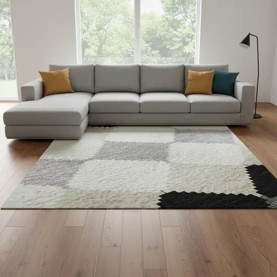 Black Gray And Ivory Geometric Washable Area Rug With UV Protection Photo 2