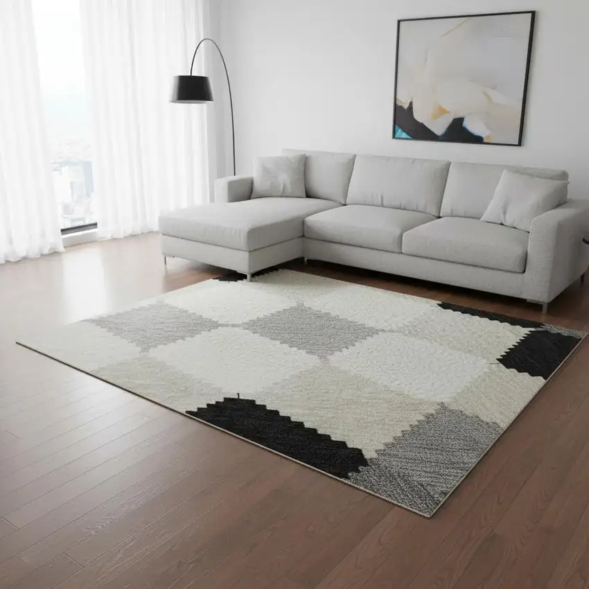 Black Gray And Ivory Geometric Washable Area Rug With UV Protection Photo 2
