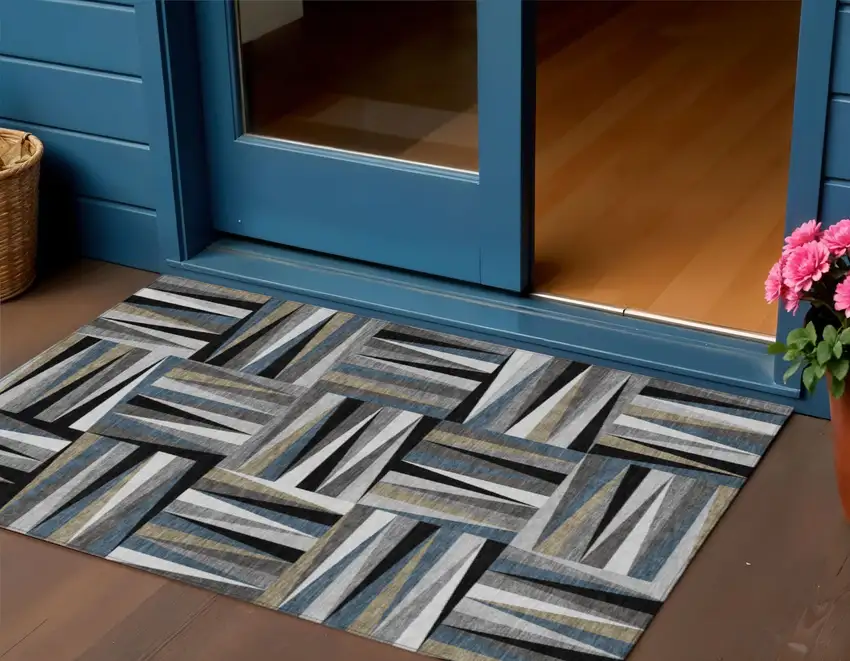 Black Gray And Ivory Geometric Washable Indoor Outdoor Area Rug Photo 1