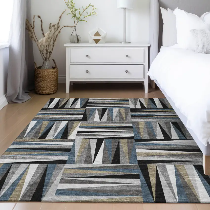 Black Gray And Ivory Geometric Washable Indoor Outdoor Area Rug Photo 9