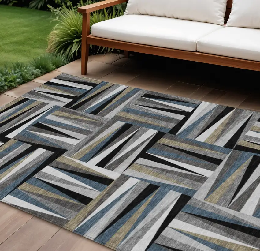 Black Gray And Ivory Geometric Washable Indoor Outdoor Area Rug Photo 1