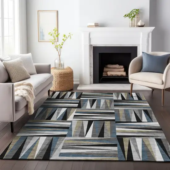 Black Gray And Ivory Geometric Washable Indoor Outdoor Area Rug Photo 9