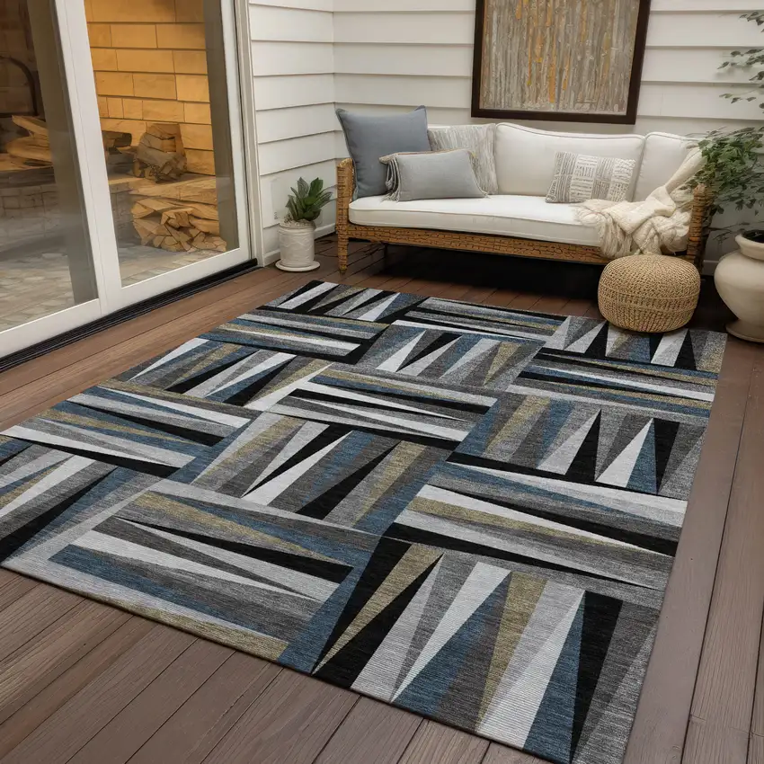 Black Gray And Ivory Geometric Washable Indoor Outdoor Area Rug Photo 8