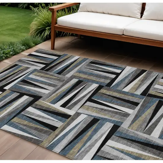 Black Gray And Ivory Geometric Washable Indoor Outdoor Area Rug Photo 1