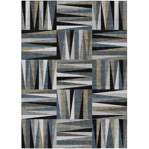 Photo of Black Gray And Ivory Geometric Washable Indoor Outdoor Area Rug