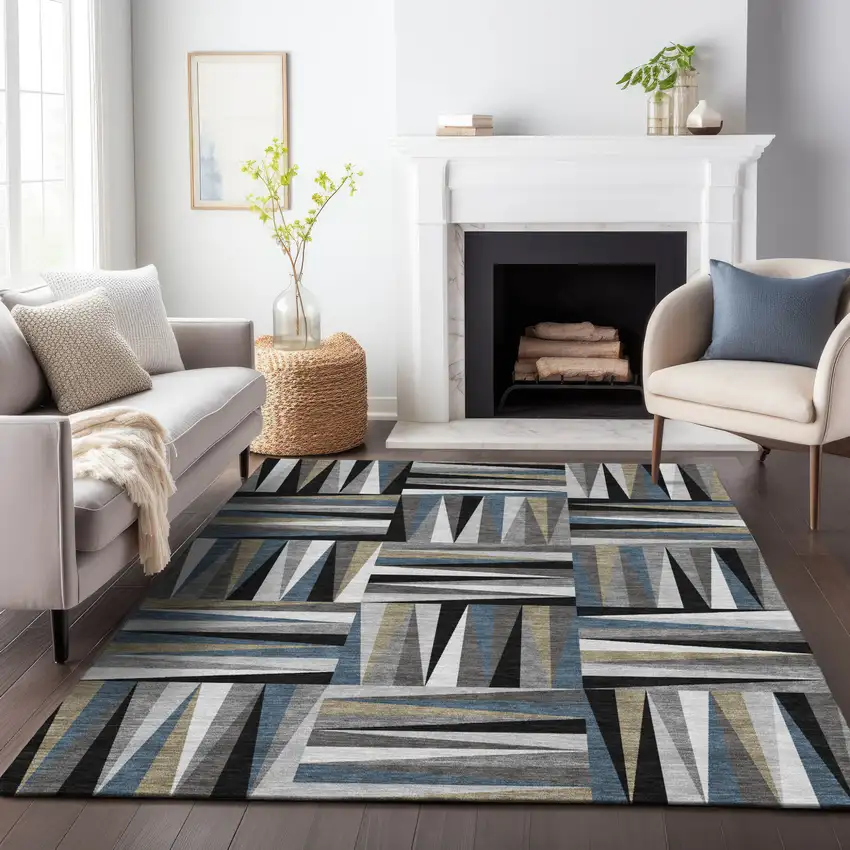 Black Gray And Ivory Geometric Washable Indoor Outdoor Area Rug Photo 9