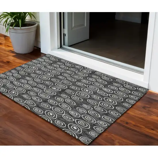 Black Gray And Ivory Geometric Washable Indoor Outdoor Area Rug Photo 2