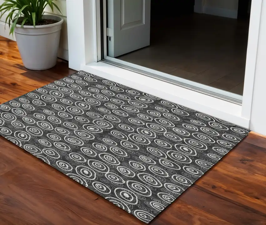 Black Gray And Ivory Geometric Washable Indoor Outdoor Area Rug Photo 2
