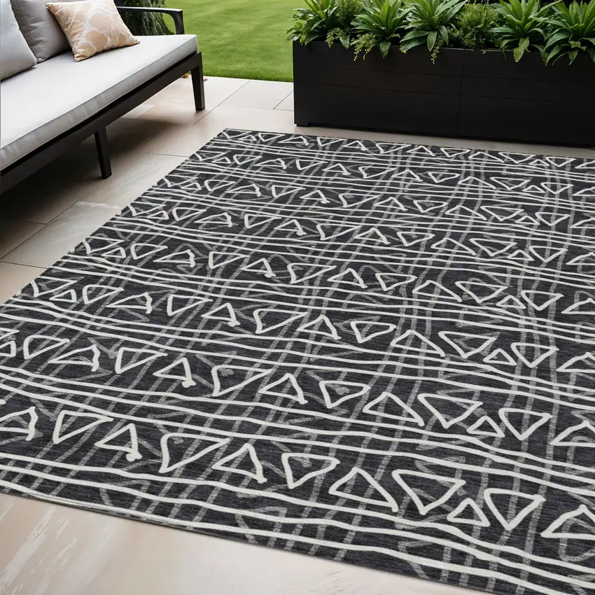 Black Gray And Ivory Geometric Washable Indoor Outdoor Area Rug Photo 1