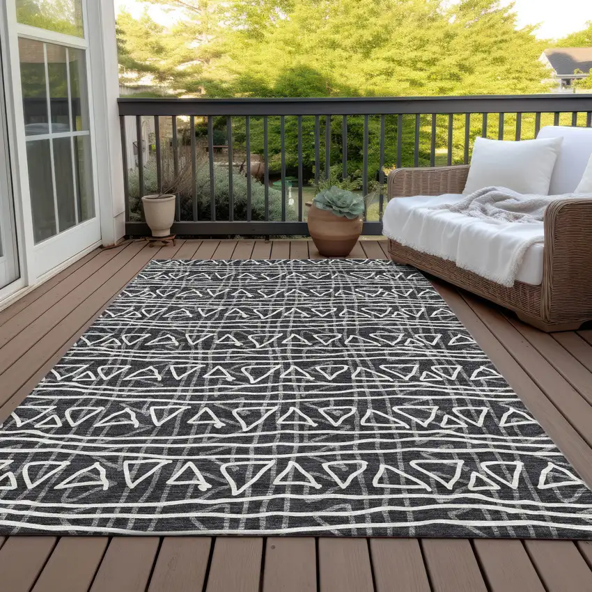 Black Gray And Ivory Geometric Washable Indoor Outdoor Area Rug Photo 6