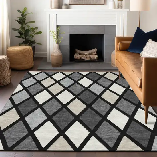 Black Gray And Ivory Geometric Washable Indoor Outdoor Area Rug Photo 9