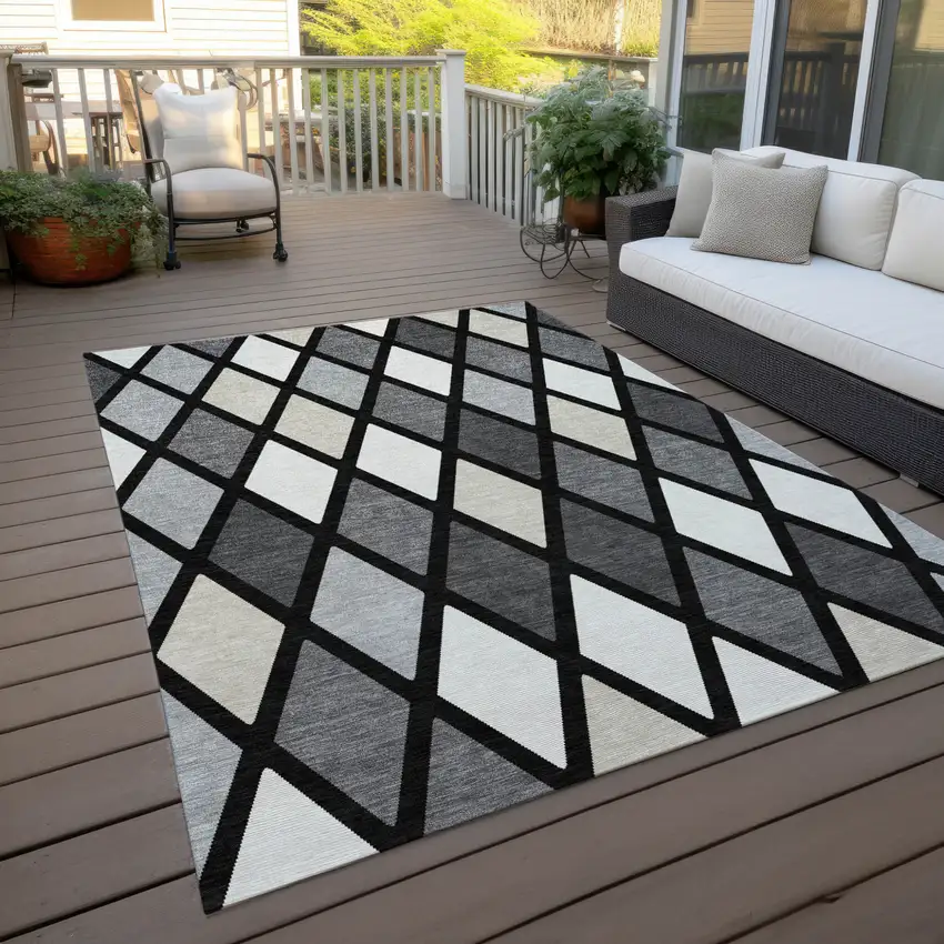 Black Gray And Ivory Geometric Washable Indoor Outdoor Area Rug Photo 9