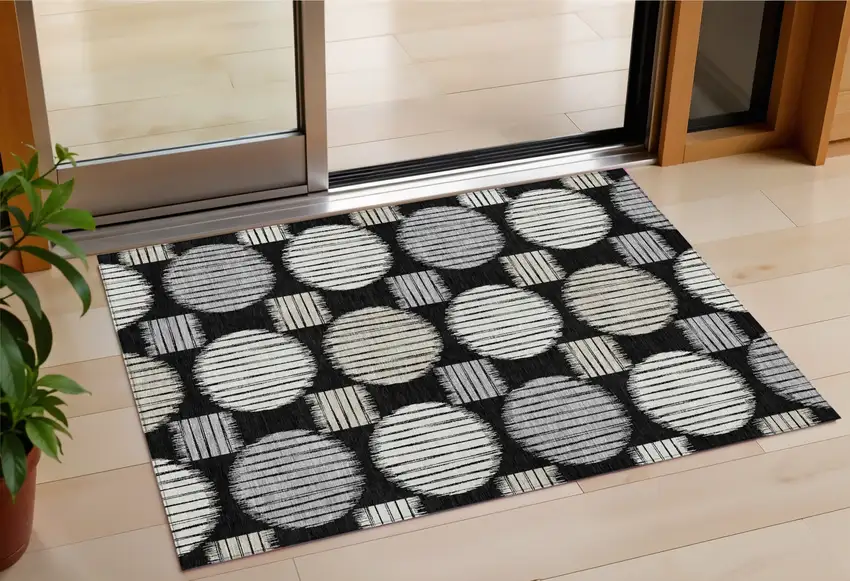 Black Gray And Ivory Geometric Washable Indoor Outdoor Area Rug Photo 1