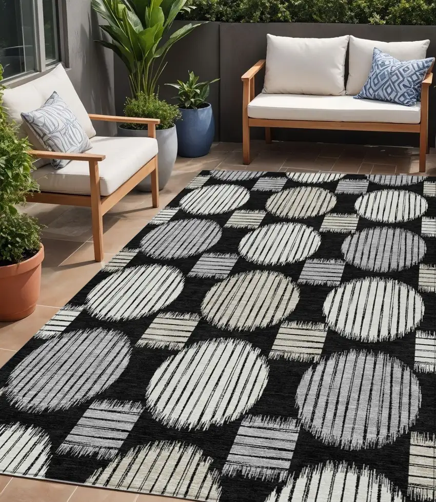 Black Gray And Ivory Geometric Washable Indoor Outdoor Area Rug Photo 1